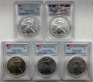 2018, 2019, 2020, 2021 & 2022 PCGS MS70 $1 Silver Eagle US Coins (Lot of 5)