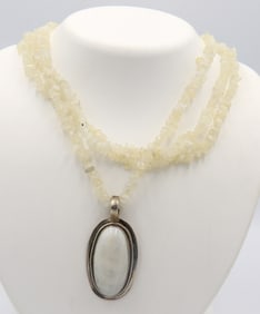 White Agate Sterling Silver Pendant on Multi Strand Agate Beaded Necklace