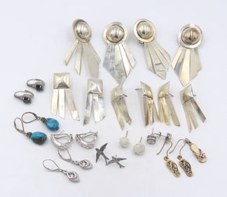 13 Pairs of Vintage 925 Sterling Silver Earrings and Flipflop Pendant