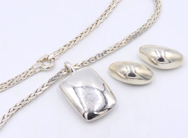 Heavy 925 Sterling Silver Signed Pendant on Thick Chain Necklace and Sterling Silver Earrings