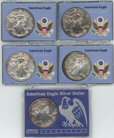 1997 $1 Silver Eagles lots of 5 Gem BU in custom holders