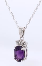 14kt White gold 1.20ctw amethyst and baguette diamond pendant on chain necklace