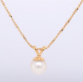14kt Yellow gold 6mm Pearl pendant on chain necklace