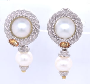 Judith Ripka 925 sterling silver Mother of pearl and Citrine dangle earrings