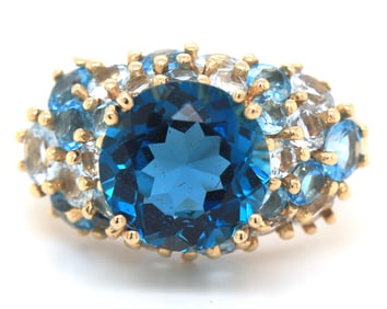 14kt Yellow gold blue topaz and white sapphire cocktail ring