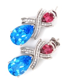 14kt White gold Blue topaz, Ruby and diamond dangle earrings