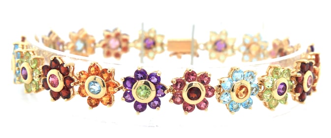 14kt Yellow gold multi color gemstone flower style link bracelet