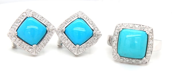 Set of 14kt White gold Turquoise ring and earrings