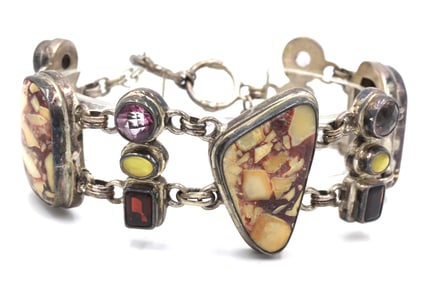 Vintage 925 sterling silver signed multi color stone bracelet