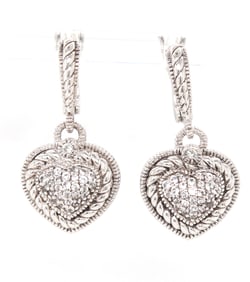 Judith Ripka silver heart shaped dangle earrings