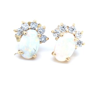 14kt Yellow gold oval opal and diamond accent earrings