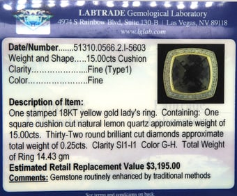 18kt Yellow gold square cushion cut lemon quartz and diamond cocktail ring