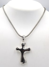 925 Sterling silver signed cross pendant on Byzantine chain necklace