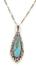 925 Sterling silver signed turquoise pendant on figaro chain necklace