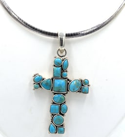 Vintage 925 Sterling silver signed turquoise cross pendant on Italian omega chain necklace