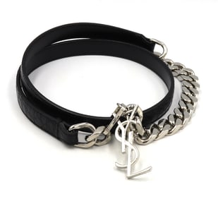 Saint Laurent YSL logo silver tone black leather chain belt