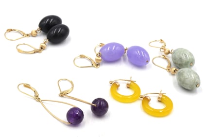 5 Pairs of 14kt Yellow gold Jade earrings