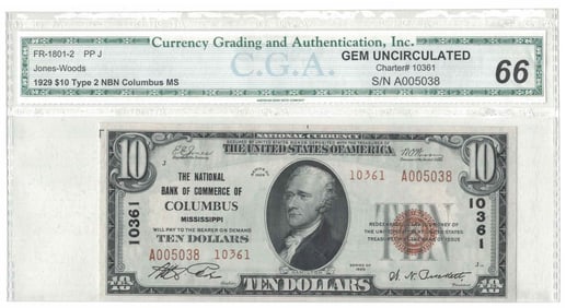 1929 Columbus, MS $10 National. CGA-66