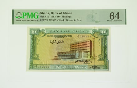 1963 10/- Shillings Bank of Ghana P1d. PMG Choice Uncirculated 64