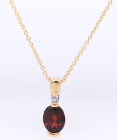 Wonderful Yellow Gold Oval Garnet and Diamond Pendant on Chain