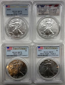 2018, 2019, 2020 & 2021 PCGS MS70 $1 Silver Eagle US Coins (Lot of 4)