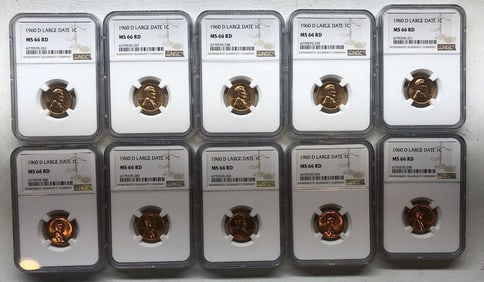 1960-D Large Date NGC MS66RD Lincoln Penny (Lot of 10)