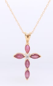 Attractive Yellow Gold Ruby and Diamond Cross Pendant on Chain