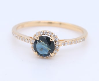 Fantastic Yellow Gold Round brilliant Cut Blue Green Sapphire and Diamond Halo Ring