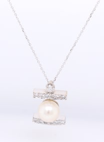 Favorite White Gold Single Cut Diamond and Akoya Pearl Pendant on Chain