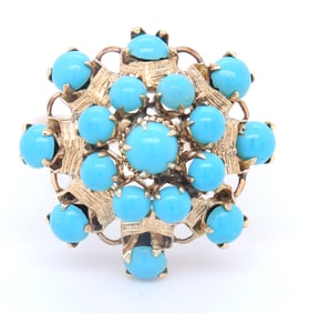Charming Yellow Gold Turquoise Cluster Cocktail Ring