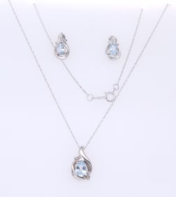 Set of White Gold Pear Shaped Blue Stone and Diamond Necklace and Earrings
