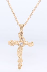 Elegant Yellow Gold Tiny Diamond Cross Pendant on Chain Necklace