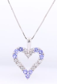 Divine White Gold Diamond and Tanzanite open Heart Shaped Pendant on Box Chain Necklace