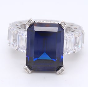 Sterling Silver Emerald Cut Navy Blue Ring with White Cubic Zirconia Band
