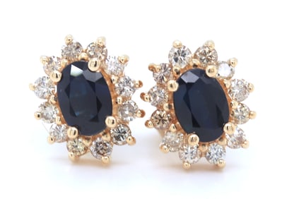 14kt Yellow gold 1.40ctw blue sapphire and 0.25ctw diamond halo earrings