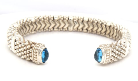 925 Sterling silver Lagos Caviar Blue topaz cuff bracelet