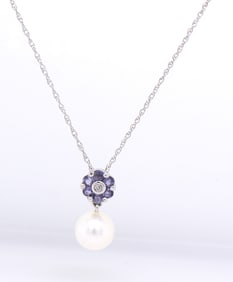 10kt White gold Pearl, Tanzanite and diamond pendant on chain