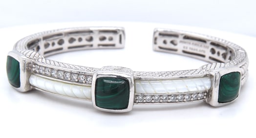 925 Sterling Silver Judith Ripka Green Malachite and Mop Hinged cuff bangle