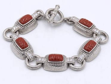 925 Sterling silver Judith Ripka CZ coral link bracelet with toggle clasp