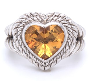 925 Sterling silver Judith Ripka heart shaped Citrine ring