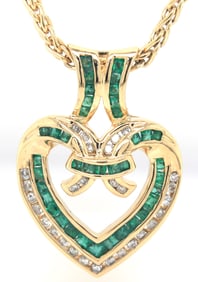 Elegant Yellow Gold Emerald and Diamond Fancy Heart Shaped Pendant on Wheat Chain Necklace