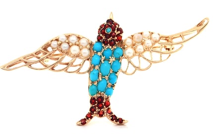 Seeded Pearl Turquoise and Garnet Bird Brooch in 14K