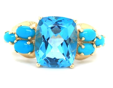 10kt Yellow gold Princess cut blue topaz and turquoise ring