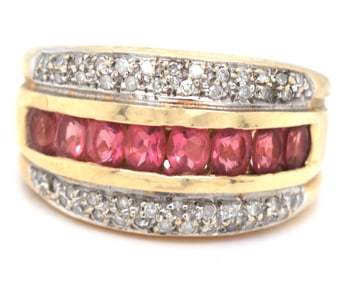 14kt Yellow gold pink topaz and diamond wide band