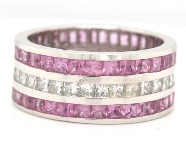 14kt White gold pink topaz and diamond wide band