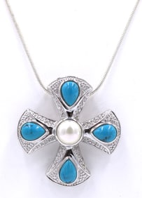 Vintage 925 sterling silver turquoise pendant on Italian snake chain necklace