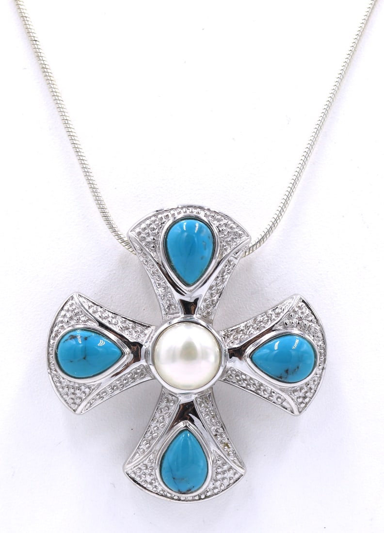 Vintage 925 sterling silver turquoise pendant on Italian snake chain necklace (1 of 5)