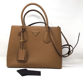 Prada Saffiano Cuir Caramel Papaya double bag Pomice