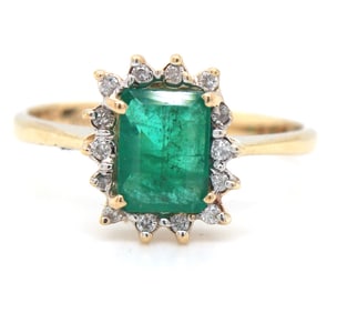 14kt Yellow gold Emerald cut emerald and diamond accent ring