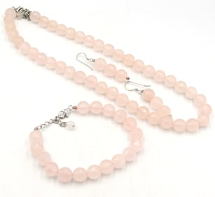 Set of Rose quartz necklace, bracelet and dangle earrings